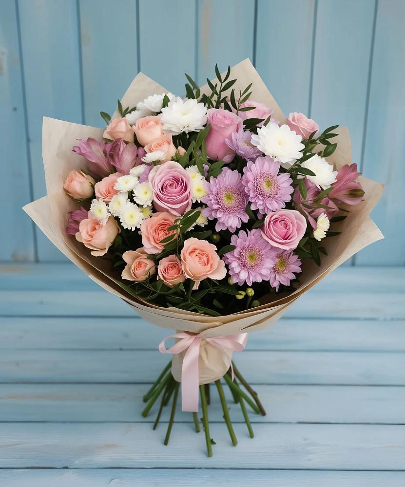 Букет цветов из: Хризантемы, Розы и Альстромерии в Тонкино