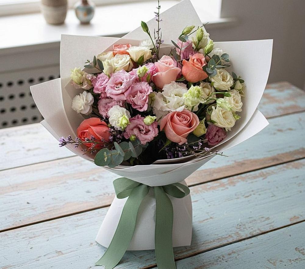 Букет цветов из: Розы, Лизиантусы и Гвоздики в Тонкино