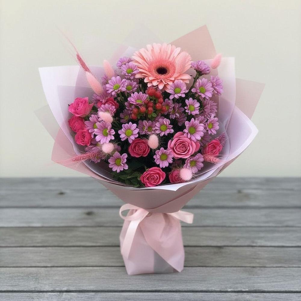 Букет цветов из: Розы, Герберы и Хризантемы в Тонкино