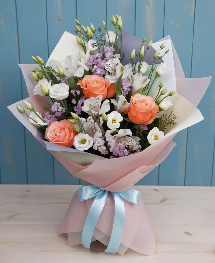 Букет цветов из: Лизиантусы, Розы, Альстромерии и Гипсофила в Тонкино