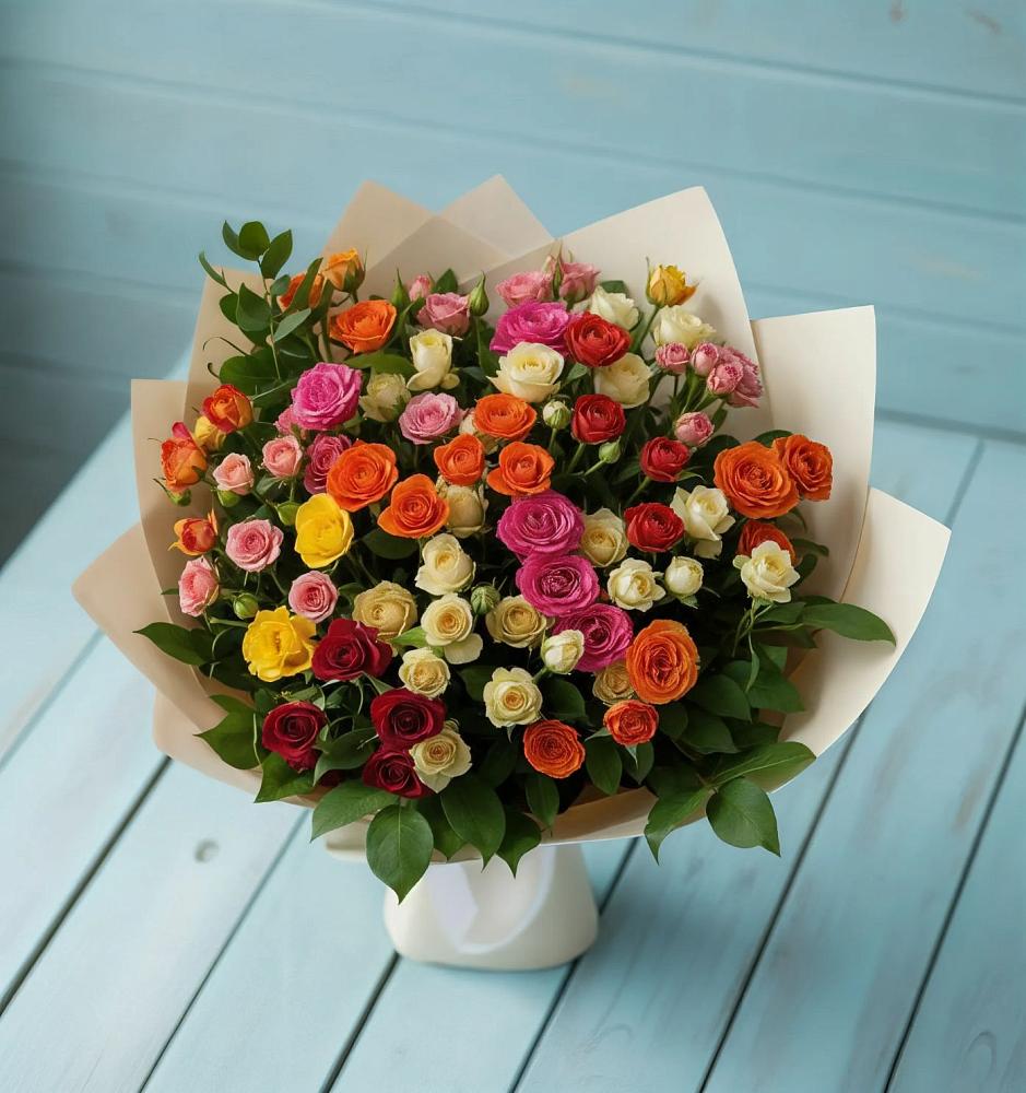 Букет Микс из разноцветных кустовых роз в Тонкино