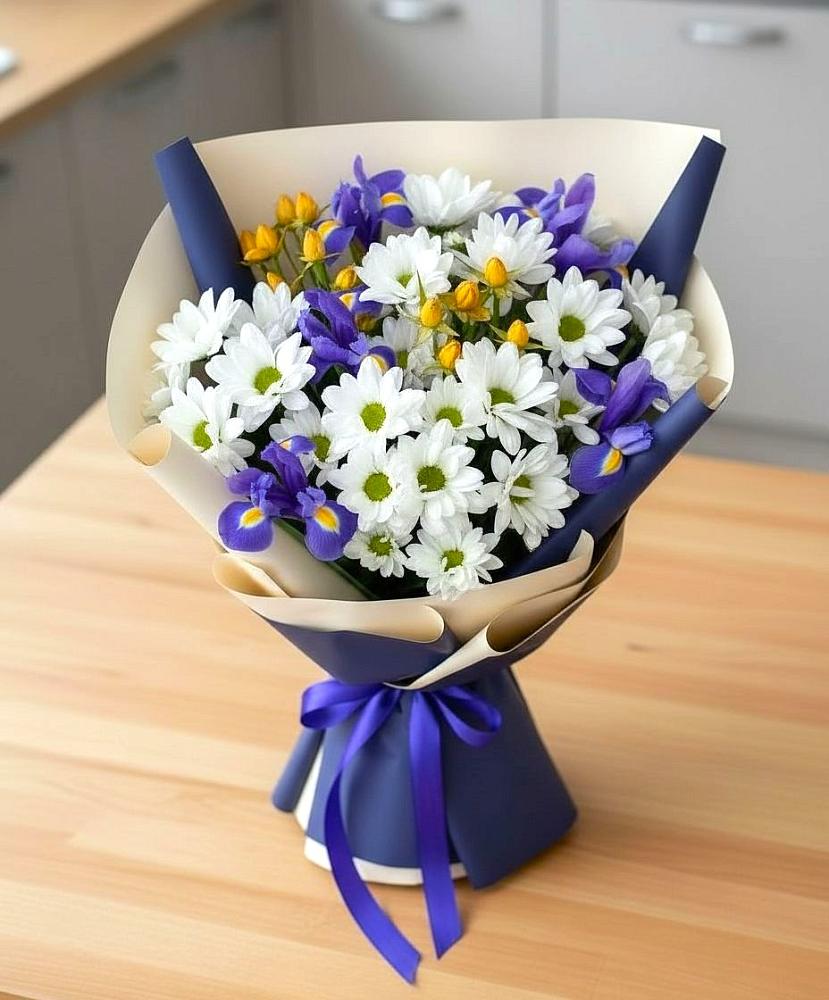 Букет цветов из: Розы, Ирисы и Хризантемы в Тонкино